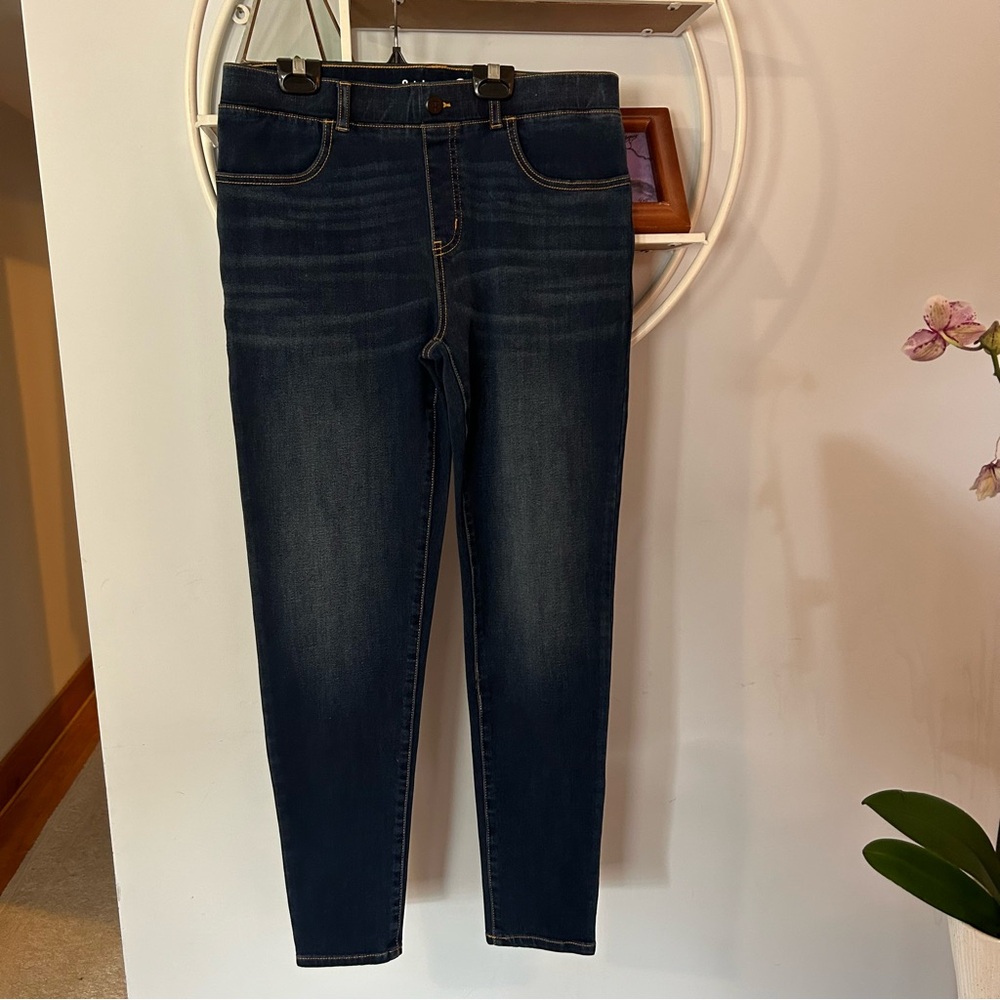 Betabrand Women's Large L Pull On Blue Skinny Elastic Band 4 Pocket Denim Jeans